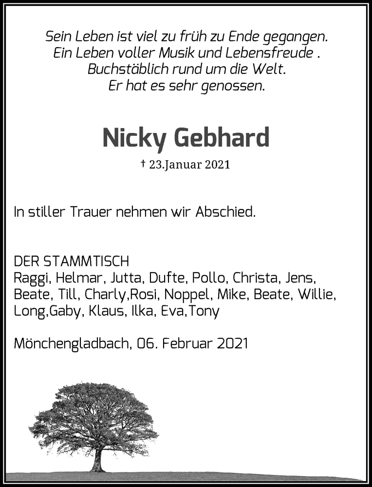  Traueranzeige für Nicky Gebhard vom 06.02.2021 aus Rheinische Post