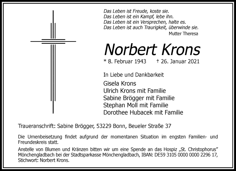  Traueranzeige für Norbert Krons vom 06.02.2021 aus Rheinische Post