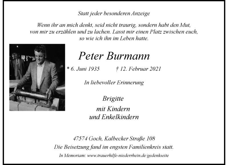  Traueranzeige für Peter Burmann vom 20.02.2021 aus Rheinische Post