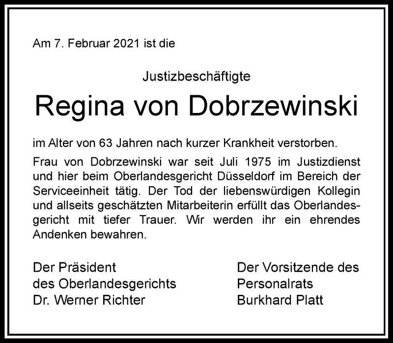  Traueranzeige für Regina von Dobrzewinski vom 18.02.2021 aus Rheinische Post