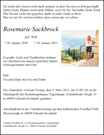 Traueranzeige von Rosemarie Sackbrock von Rheinische Post