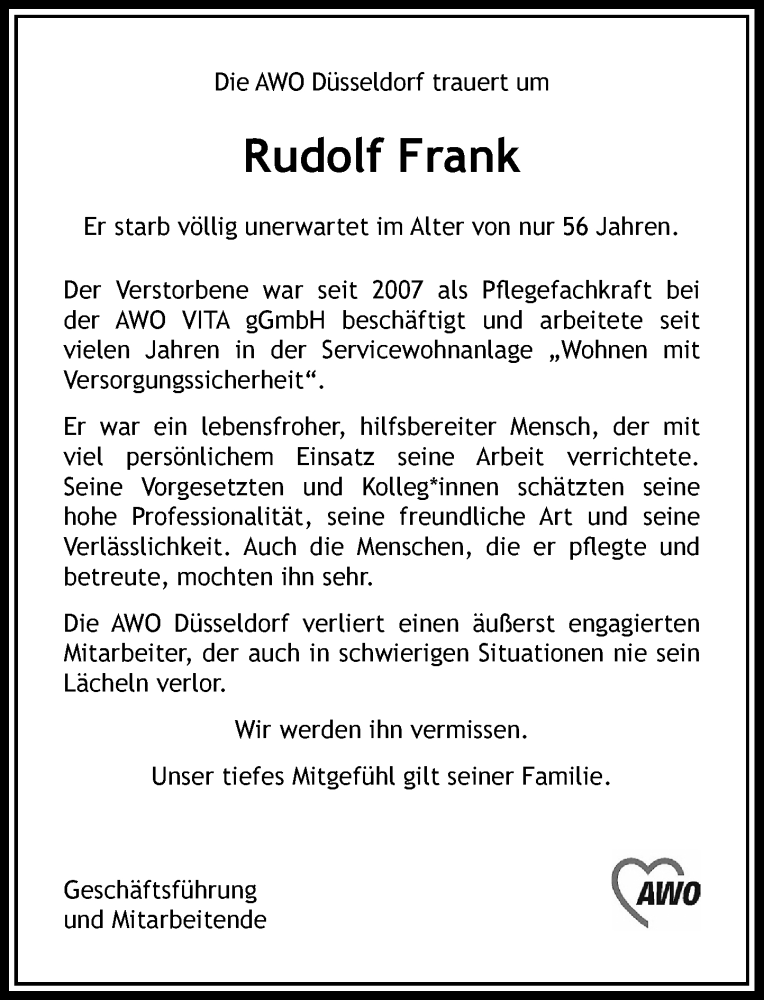  Traueranzeige für Rudolf Frank vom 20.02.2021 aus Rheinische Post
