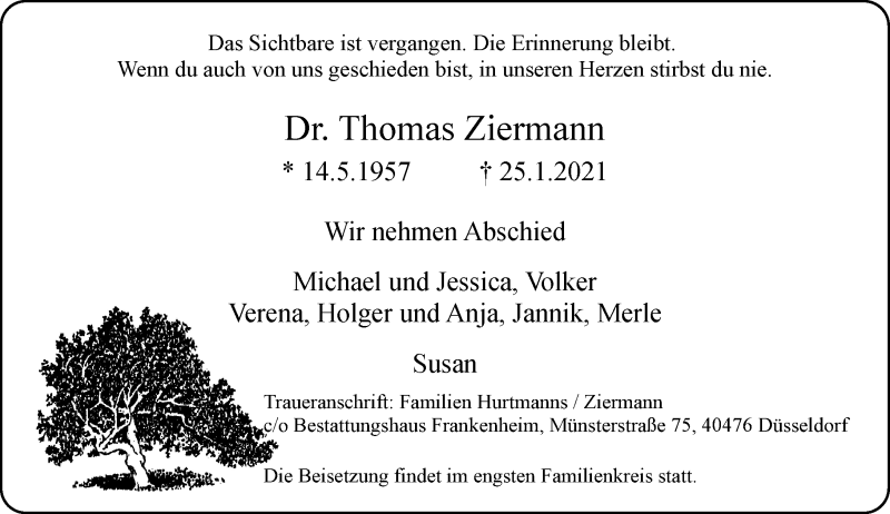  Traueranzeige für Thomas Ziermann vom 06.02.2021 aus Rheinische Post