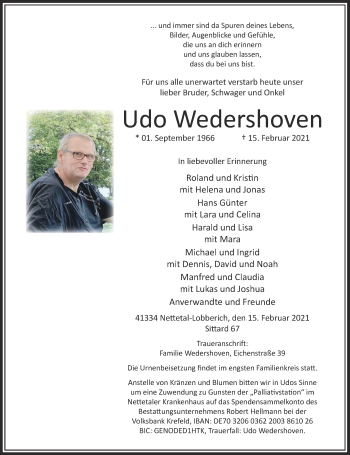 Traueranzeige von Udo Wedershoven von Rheinische Post
