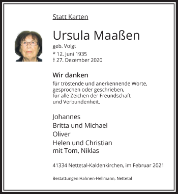 Traueranzeige von Ursula Maaßen von Rheinische Post
