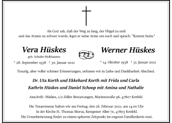 Traueranzeige von Vera und Werner Hüskes von Rheinische Post