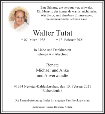 Traueranzeige von Walter Tutat von Rheinische Post