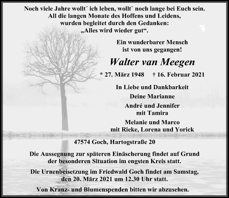  Traueranzeige für Walter van Meegen vom 20.02.2021 aus Rheinische Post