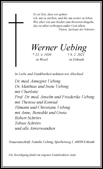 Traueranzeige von Werner Uebing von Rheinische Post