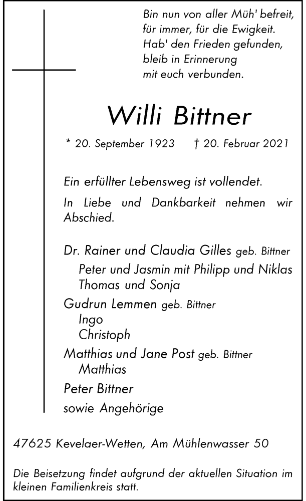  Traueranzeige für Willi Bittner vom 24.02.2021 aus Rheinische Post