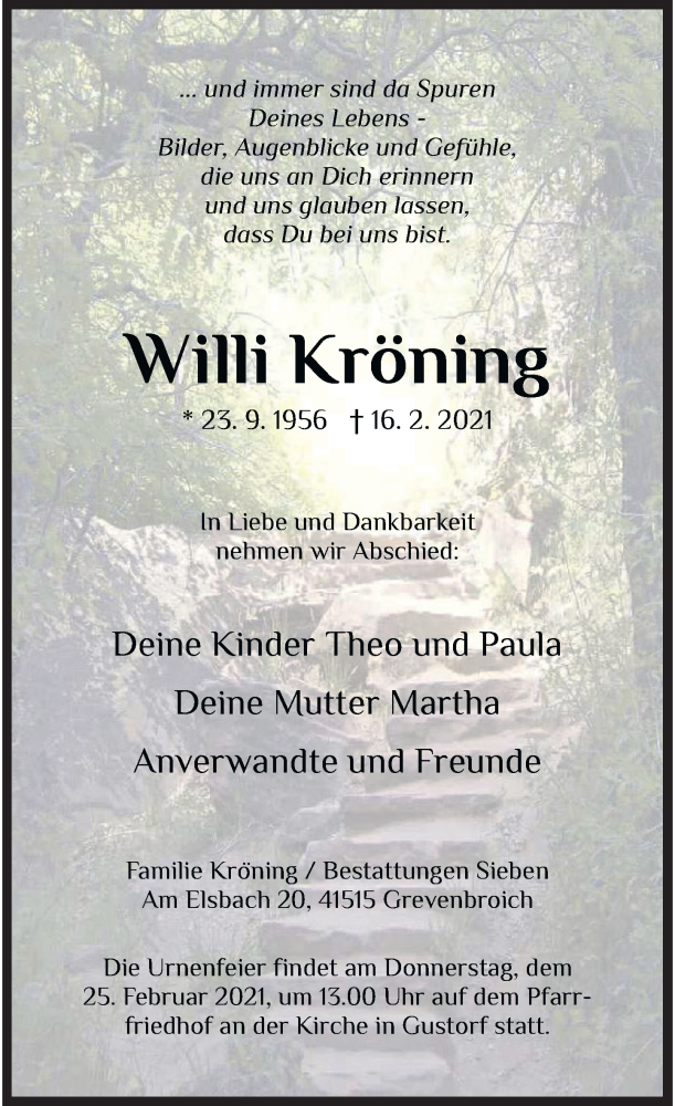  Traueranzeige für Willi Kröning vom 20.02.2021 aus Rheinische Post