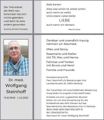 Traueranzeige von Wolfgang Steinhoff von Rheinische Post