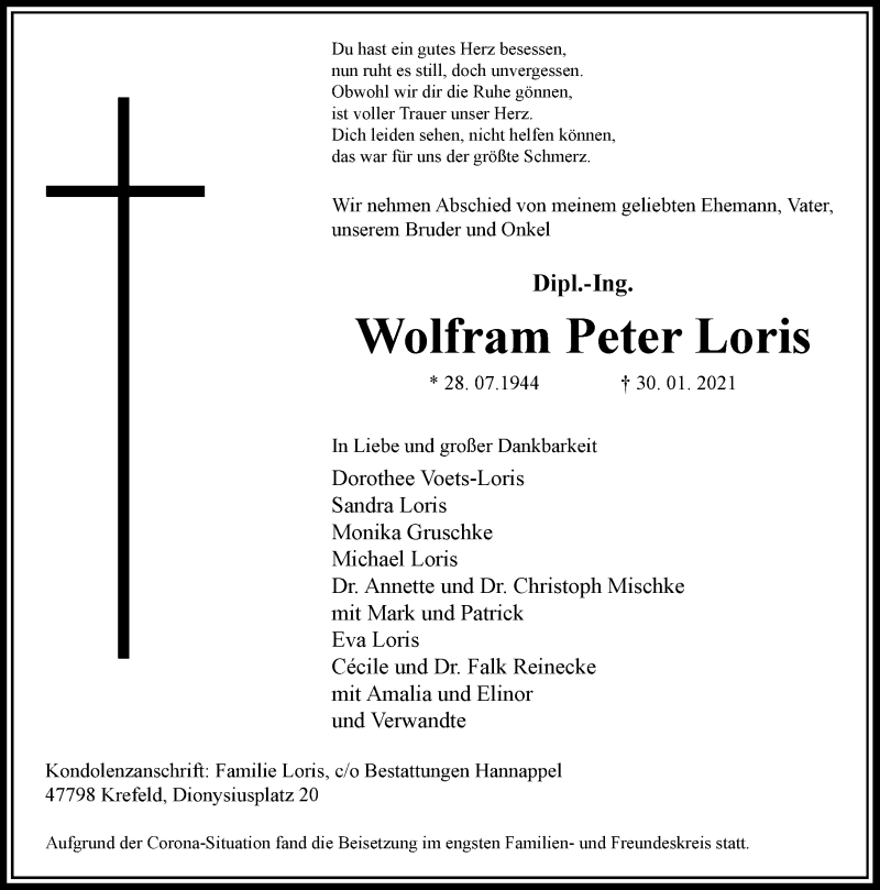  Traueranzeige für Wolfram Peter Loris vom 13.02.2021 aus Rheinische Post