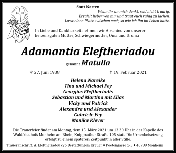 Traueranzeige von Adamantia Eleftheriadou von Rheinische Post