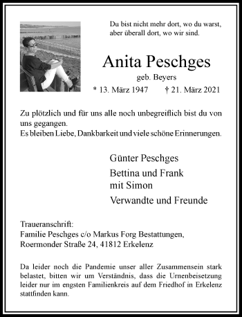 Traueranzeige von Anita Peschges von Rheinische Post