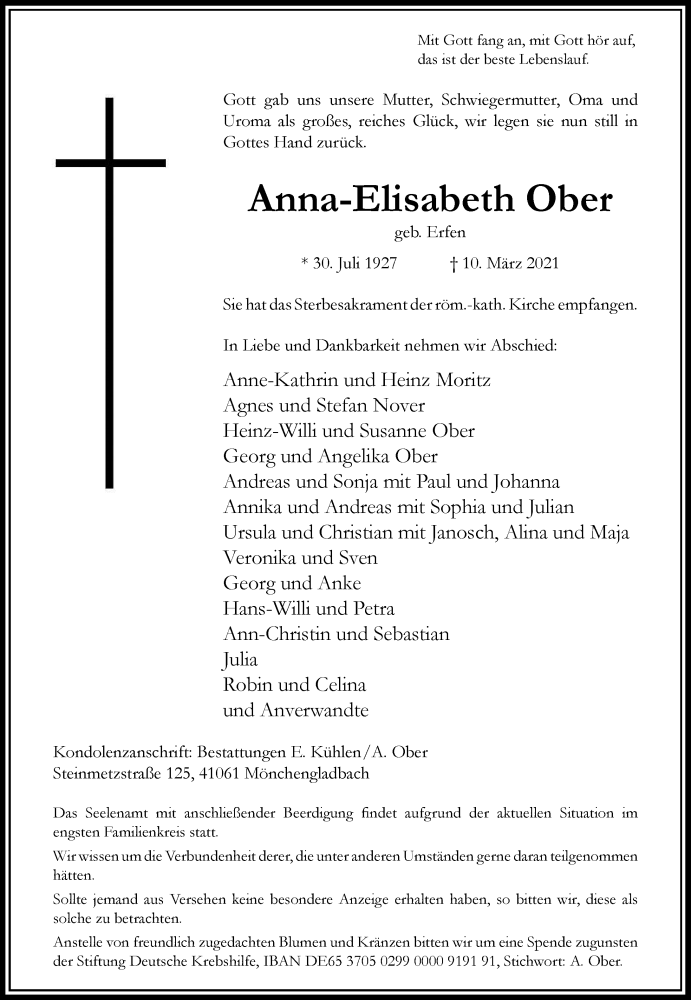  Traueranzeige für Anna-Elisabeth Ober vom 13.03.2021 aus Rheinische Post