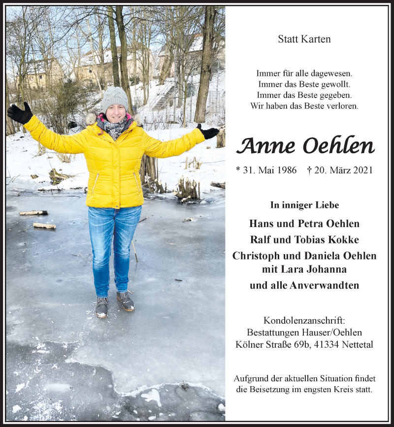  Traueranzeige für Anne Oehlen vom 27.03.2021 aus Rheinische Post