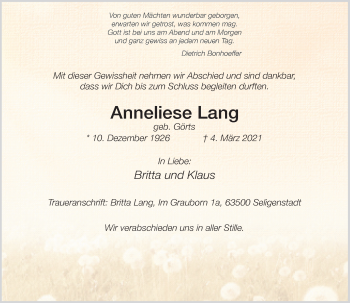 Traueranzeige von Anneliese Lang von Rheinische Post