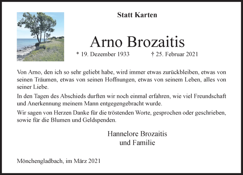  Traueranzeige für Arno Brozaitis vom 20.03.2021 aus Rheinische Post