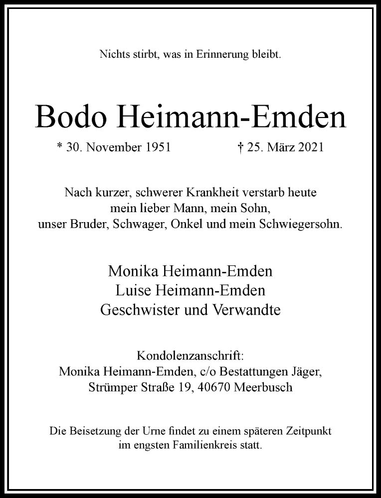  Traueranzeige für Bodo Heimann-Emden vom 27.03.2021 aus Rheinische Post