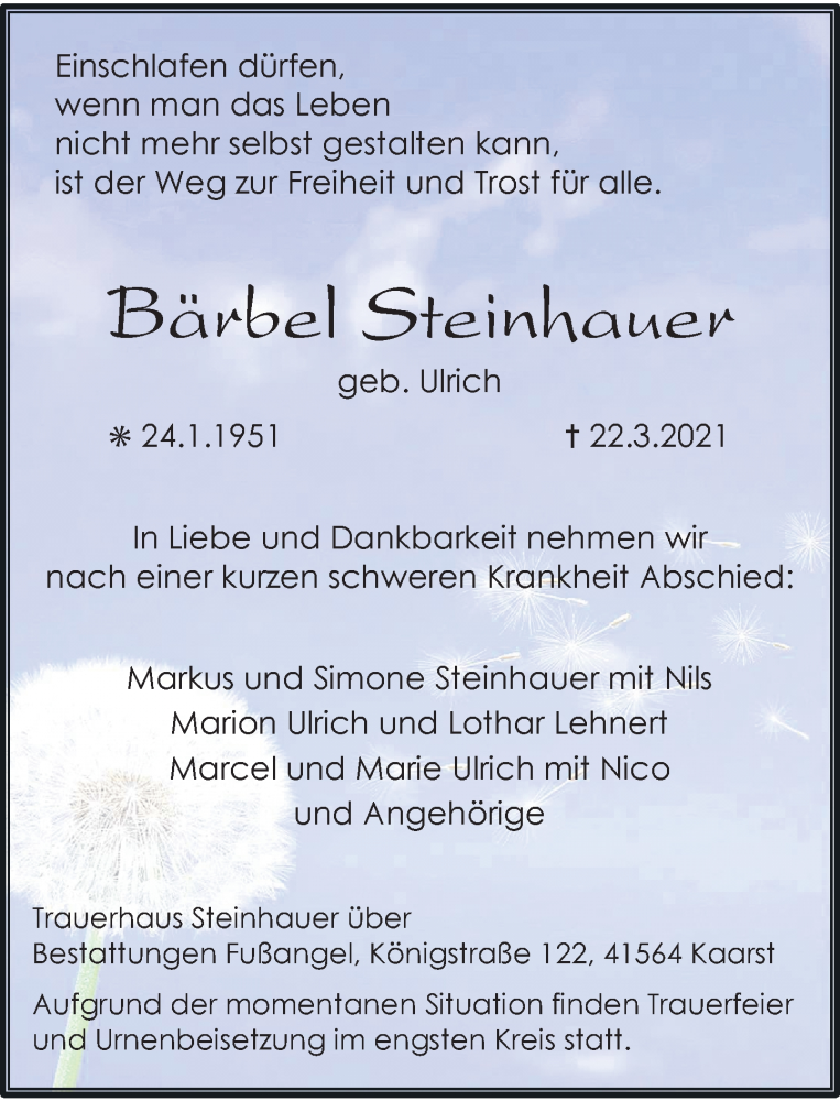  Traueranzeige für Bärbel Steinhauer vom 27.03.2021 aus Rheinische Post