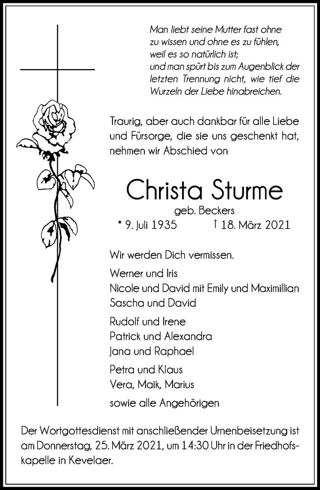  Traueranzeige für Christa Sturme vom 20.03.2021 aus Rheinische Post