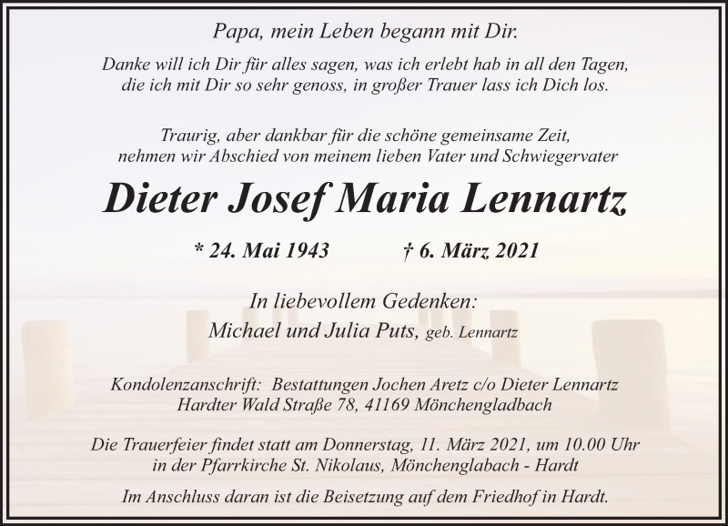  Traueranzeige für Dieter Josef Maria Lennartz vom 09.03.2021 aus Rheinische Post