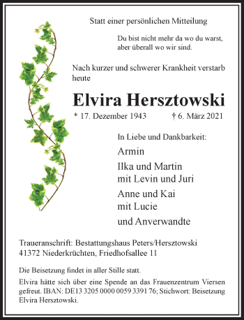 Traueranzeige von Elvira Hersztowski von Rheinische Post