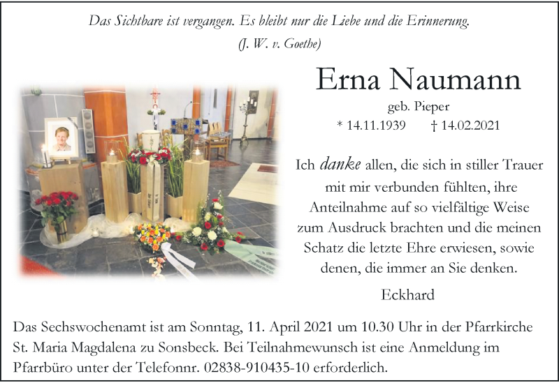  Traueranzeige für Erna Naumann vom 20.03.2021 aus Rheinische Post