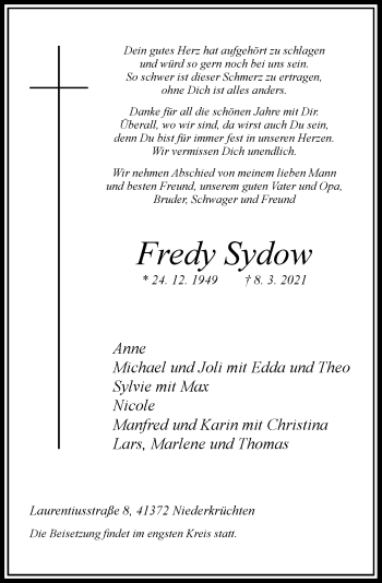 Traueranzeige von Fredy Sydow von Rheinische Post