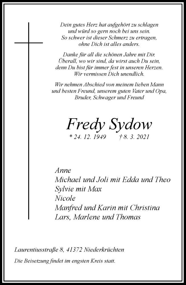  Traueranzeige für Fredy Sydow vom 13.03.2021 aus Rheinische Post