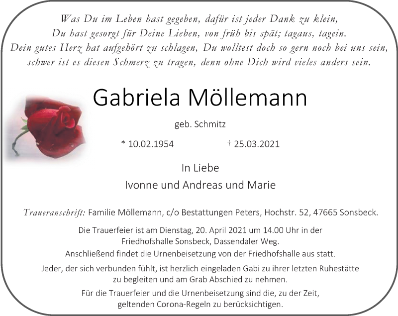  Traueranzeige für Gabriela Möllemann vom 03.04.2021 aus Rheinische Post