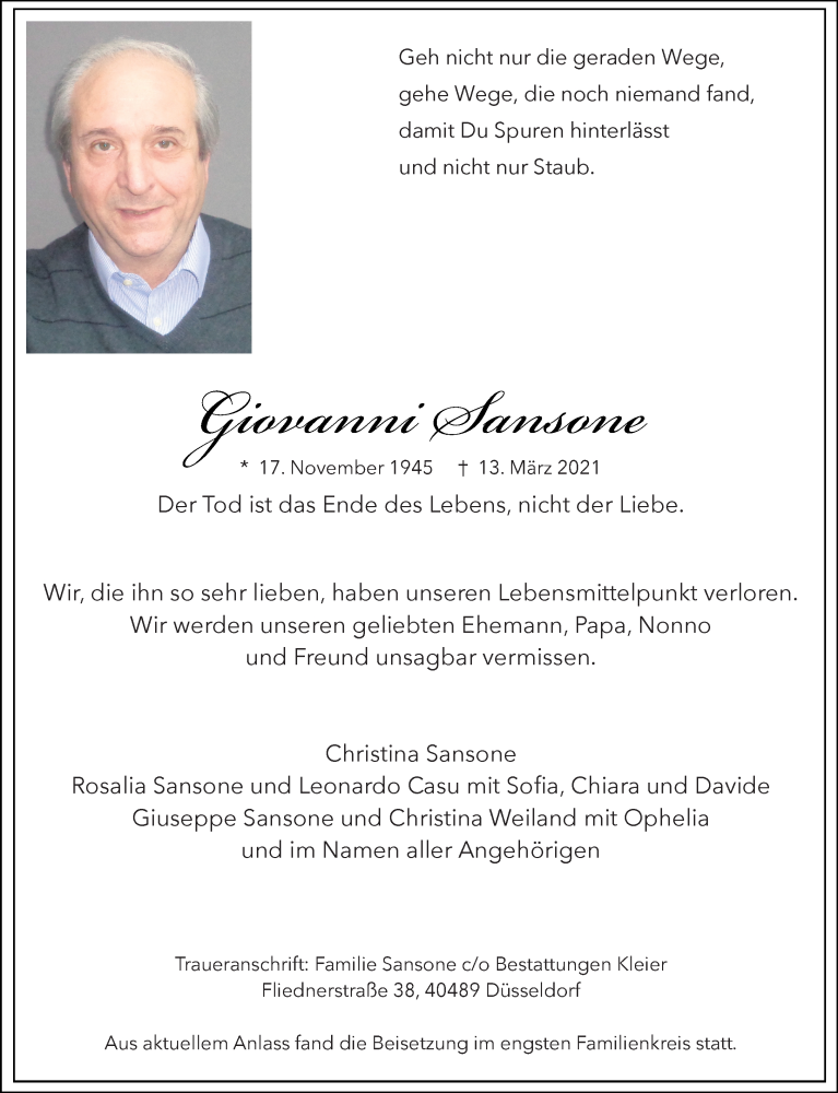  Traueranzeige für Giovanni Sansone vom 27.03.2021 aus Rheinische Post