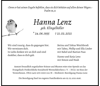 Traueranzeige von Hanna Lenz von Rheinische Post