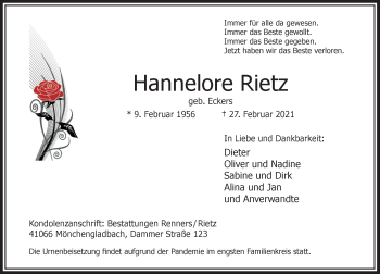 Traueranzeige von Hannelore Rietz von Rheinische Post