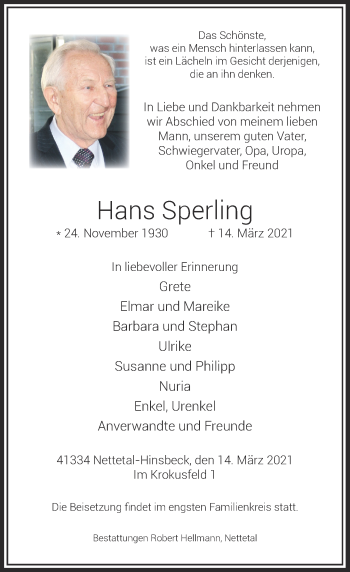 Traueranzeige von Hans Sperling von Rheinische Post