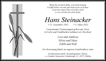 Traueranzeige von Hans Steinacker von Rheinische Post