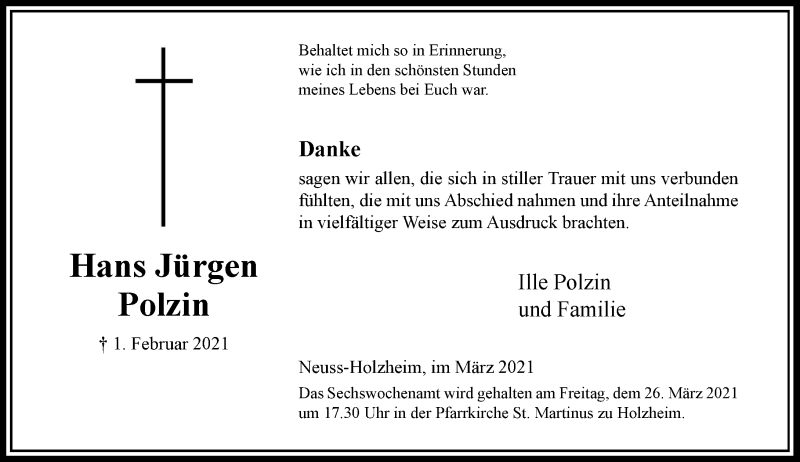  Traueranzeige für Hans Jürgen Polzin vom 20.03.2021 aus Rheinische Post