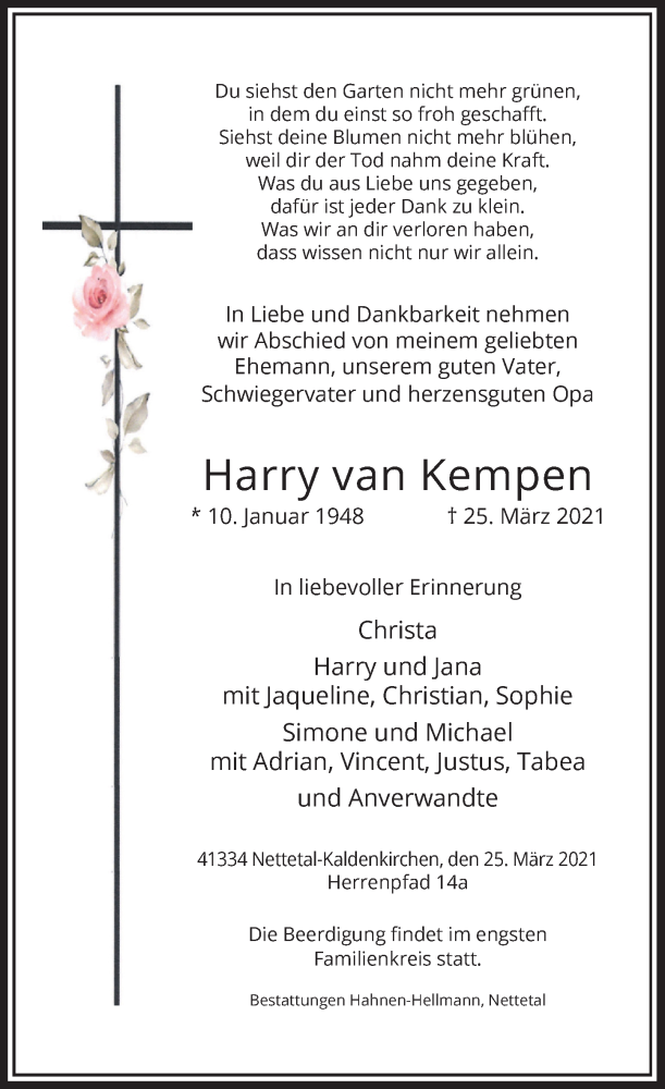 Traueranzeige für Harry van Kempen vom 30.03.2021 aus Rheinische Post