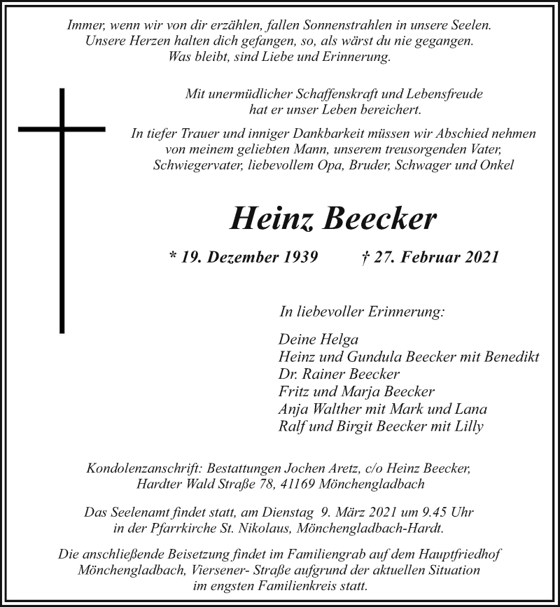  Traueranzeige für Heinz Beecker vom 06.03.2021 aus Rheinische Post
