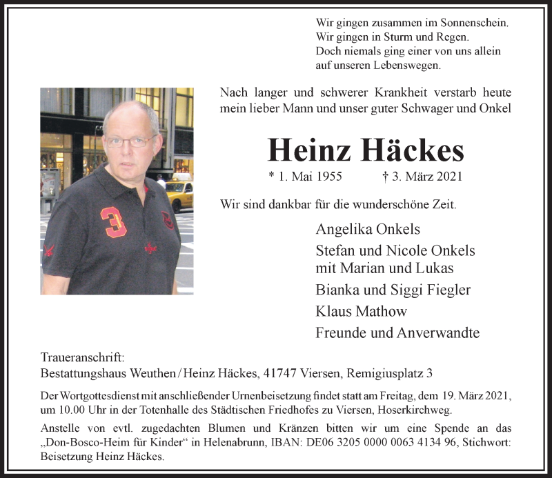  Traueranzeige für Heinz Häckes vom 13.03.2021 aus Rheinische Post