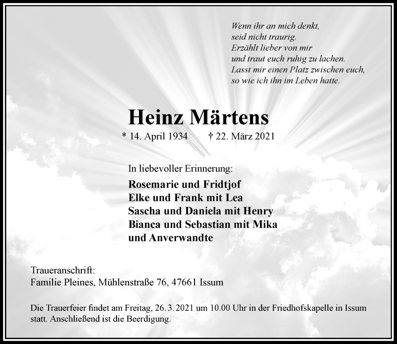  Traueranzeige für Heinz Märtens vom 25.03.2021 aus Rheinische Post