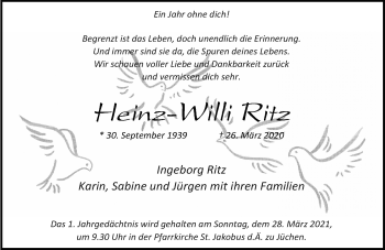 Traueranzeige von Heinz-Willi Ritz von Rheinische Post