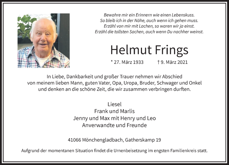  Traueranzeige für Helmut Frings vom 13.03.2021 aus Rheinische Post
