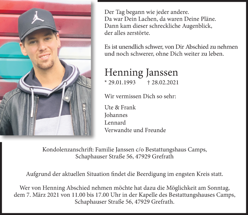  Traueranzeige für Henning Janssen vom 06.03.2021 aus Rheinische Post