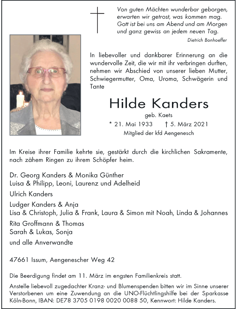  Traueranzeige für Hilde Kanders vom 09.03.2021 aus Rheinische Post