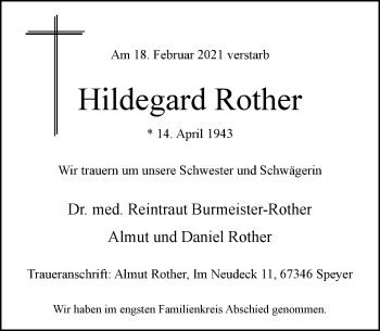 Traueranzeige von Hildegard Rother von Rheinische Post