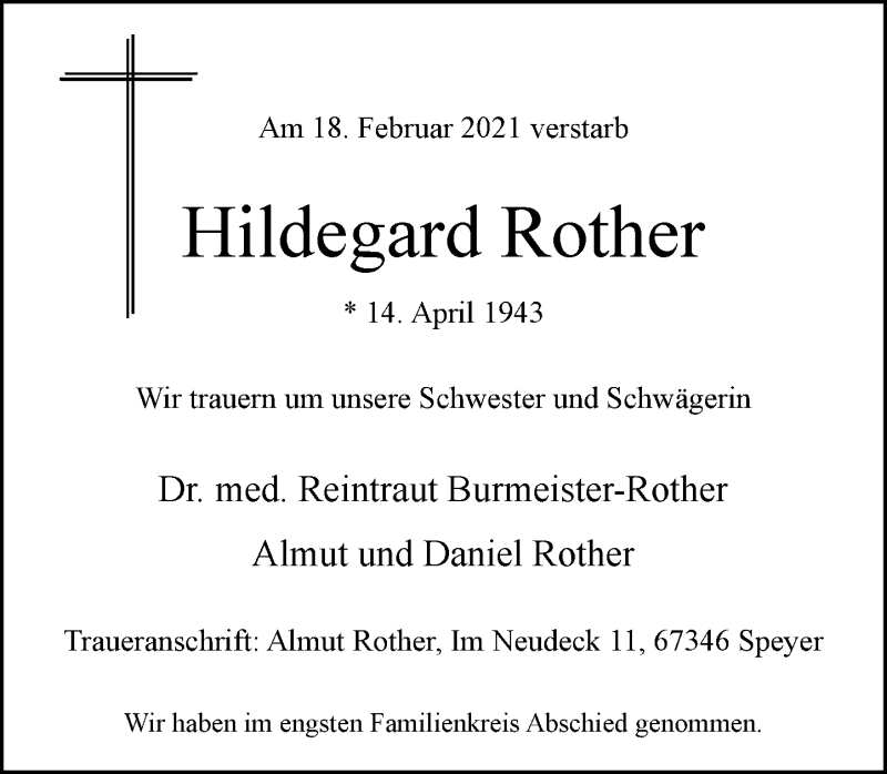  Traueranzeige für Hildegard Rother vom 06.03.2021 aus Rheinische Post