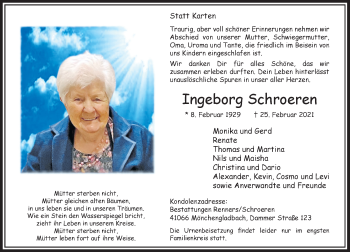 Traueranzeige von Ingeborg Schroeren von Rheinische Post