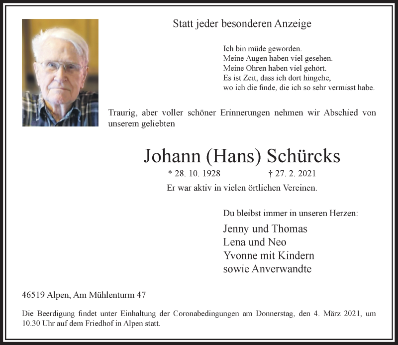  Traueranzeige für Johann Schürcks vom 02.03.2021 aus Rheinische Post